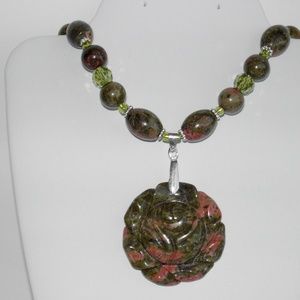 Natural Unakite silver plated 19" necklace (#239)